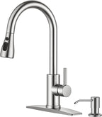 FORIOUS Kitchen Faucet with Soap Dispenser, Brushed Nickel, Single Handle Stainless Steel Transitional Sink Faucet with Pull Down Sprayer 1 or 3 Hole, Suitable for Farmhouse Laundry Camper RV Bar