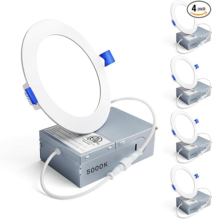 Ensenior 4 Pack 4 Inch LED Recessed Light, Dimmable, 5000K Daylight, 750LM High Brightness, 9W 120V, Damp Rated, Ultra-Thin Canless Wafer Ceiling Light - ETL & FCC & IC