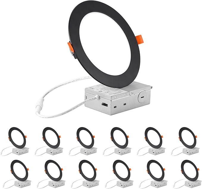 ZYC Recessed Lighting 6 Inch - 12W Ultra-Thin LED Ceiling Lights,2700-5000K Selectable,5CCT Canless Wafer Downlight,1100LM Hight Brightness,Dimmable Can Light,Pack of 12 Black.