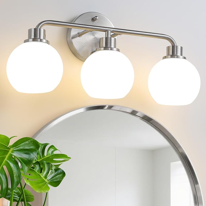 Bathroom Light Fixtures Brushed Nickel Vanity Light 3 Light Wall Sconces Lighting Silver Lights with Milk Globe Glass Shades Bath Wall Lamp for Mirror Kitchen Living Room Bedroom Hallway