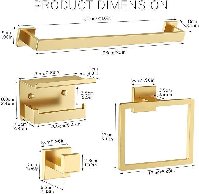 5-Piece Bathroom Hardware Set Brushed Gold Towel Bar Set,Stainless Steel Towel Holder Set for Bathroom,Wall-Mounted Towel Rack Set 23.6in