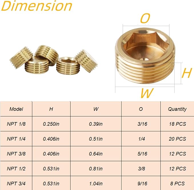 20PCS 1/4" NPT Brass Male Pipe Plug Fitting Hex Counter Sunk Pipe Plug (1/4" NPT)