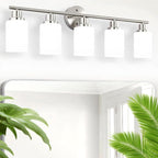 5-Light Brushed Nickel Vanity Lights, Bathroom Light Fixtures with Textured Milky White Glass Shade, Modern Bathroom Lighting Fixtures Over Mirror Wall Sconce Light - E26 Base