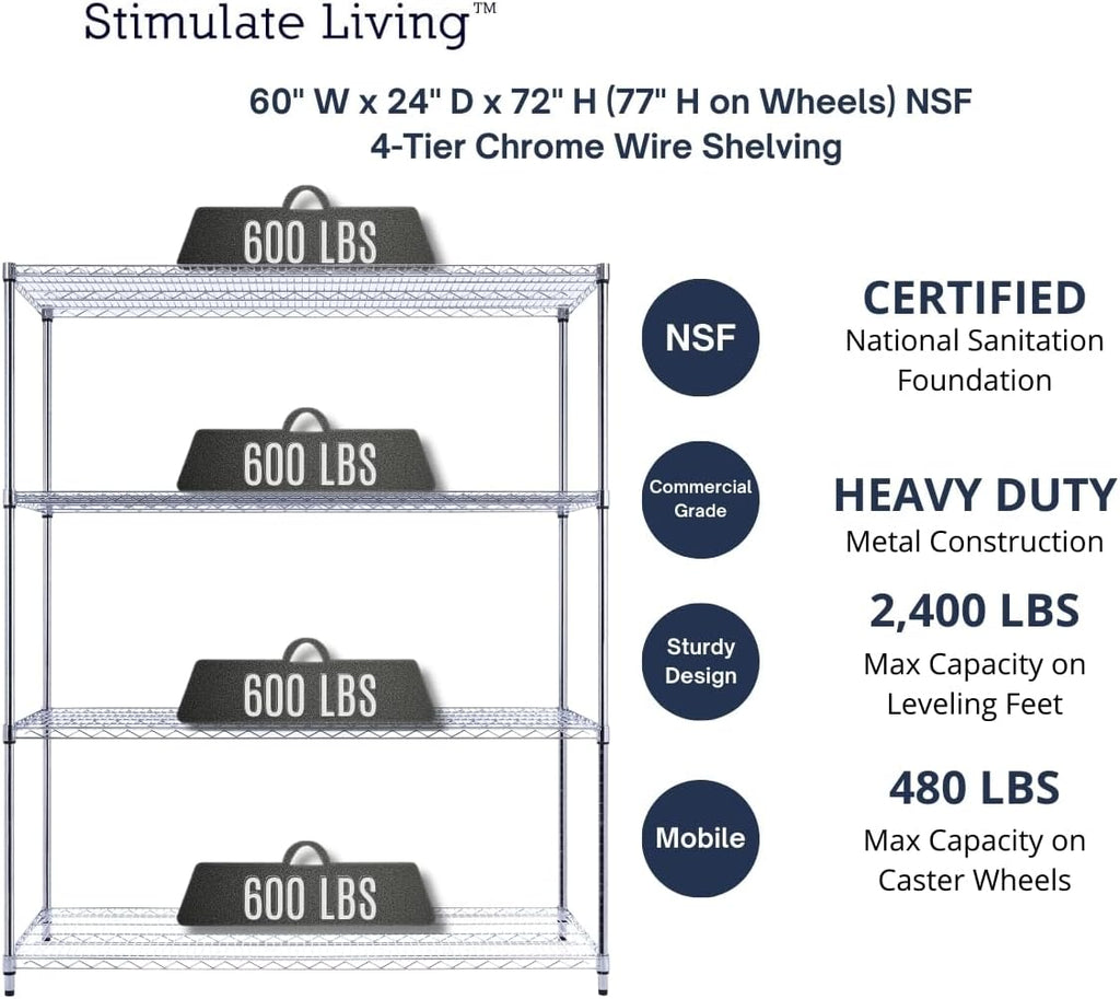 60"x24"x72" PRIME HEAVY DUTY Chrome 4-Tier Wire Shelving NSF 2400 LBS MAX Capacity Storage Rack for Commercial, School, Home, Garage, Warehouse, Industrial, and Hospital Uses (with Wheels)