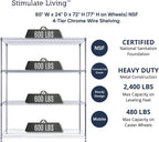 60"x24"x72" PRIME HEAVY DUTY Chrome 4-Tier Wire Shelving NSF 2400 LBS MAX Capacity Storage Rack for Commercial, School, Home, Garage, Warehouse, Industrial, and Hospital Uses (with Wheels)