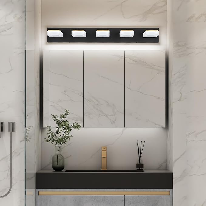 Bathroom Vanity Light - 5-Lights LED 30W - Dimmable Over Mirror Light Fixture for Brightening Your Bath - Gold and Black Wall Sconces with Acrylic Lampshade - Daylight 5500K