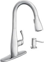 Moen Essie Chrome Single Handle Pull-Down Sprayer Kitchen Faucet with Soap Dispenser, Reflex and Power Clean Technology, 87014