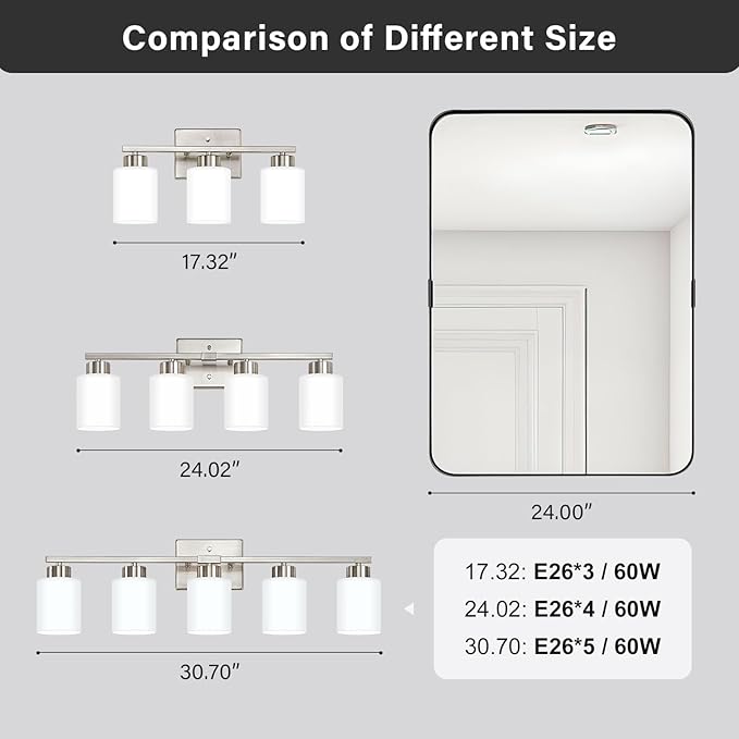 Brushed Nickel Bathroom Light Fixtures, 5-Light Modern Vanity Light Over Mirror, Wall Sconces with Milky White Frosted Glass Shades, E26 Socket (Bulbs Not Included)