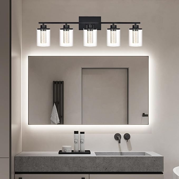 5-Light Black Bathroom Vanity Lights,Modern Wall Lamps for Bedroom,Dimmable Led Vanity Lighting for Bathroom Mirror,5CCT LED Wall Sconces Light Fixtures with Clear Glass Shade