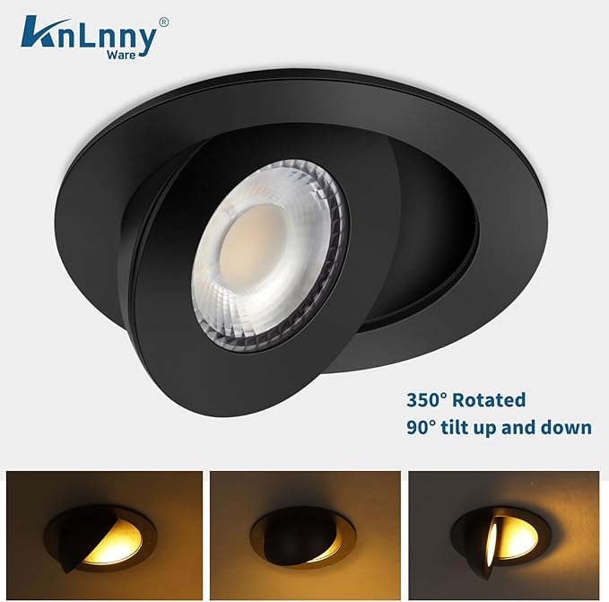 Black Gimbal Recessed Lighting 4 Inch 6 Pack, Ajustable Eyeball recessed Light with Junction Box,5 Color Selectable,Airtight,9W 750LM,Dimmable,Black