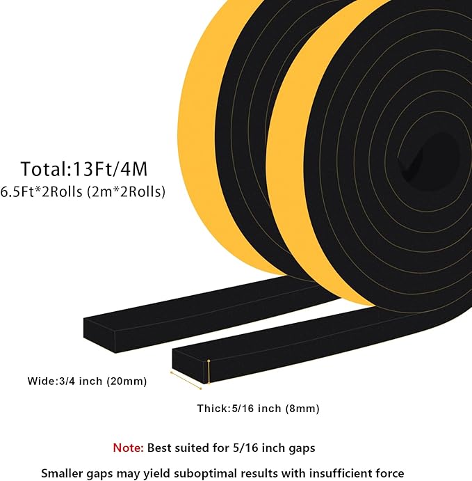 High Density Weather Stripping for Various Door Seal and Window Insulation, Single Sided Foam Strips Adhesive, SoundProof Weatherproof AC Seal Strip, Shock-Absorbing (3/4 in x 5/16 in x 13Ft)