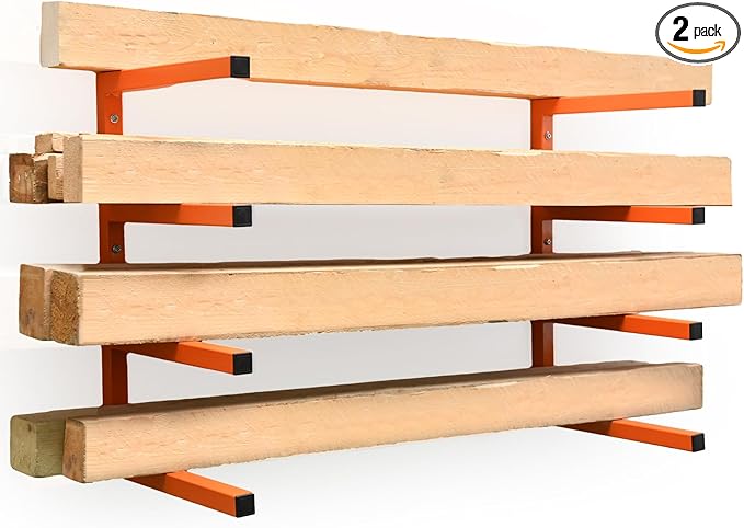 2 Pack Wood Organizer and Lumber Storage Rack Wall Mount, Heavy Duty Wood Storage Organizer Racks with 4-Level System for Garage, Workshop, Basement, Holds Up 220 LBS Per Level (Orange)