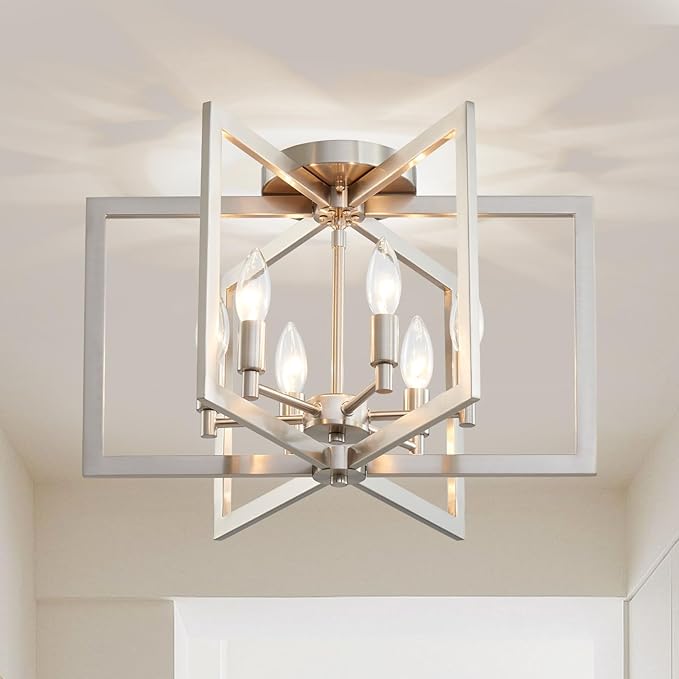 Brushed Nickel Ceiling Light, 20 Inch Chandelier for Dining Room Geometric Metal Modern Chandelier Light Fixture for Kitchen Island Living Room Entryway, 6-Light