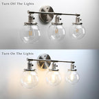 Phansthy 3-Light Wall Sconces Antique Brass Vanity Light, Industrial Wall Lamps with On Off Switch and Clear Glass Lampshade, Vintage Wall Lighting for Bathroom Living Room (Brushed, Globe Shade)