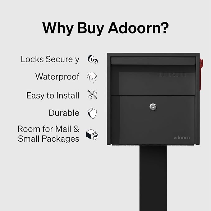 Adoorn Lockable Post Mount Mailbox | Small (Black), Size 12 x 12 x 18.5 (HxWxD) Anti-Theft Locking Mailbox with 2 Keys, Modern Mailbox with Flag, Weatherproof Mailboxes for Outside