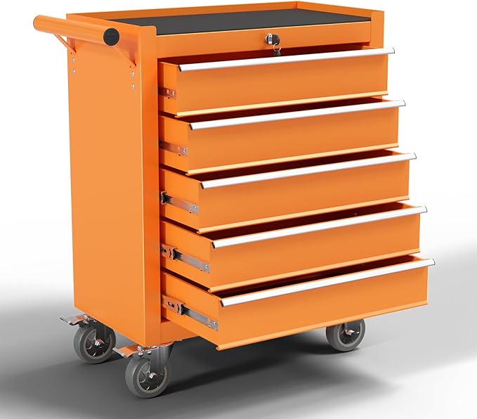 5-Drawer Metal Rolling Tool Chest with Wheels,Tool Storage Cabinet with Locking System，Toolbox with Wheels for Garage, Warehouse, Workshop, Repair Shop (Orange, 5Drawer)