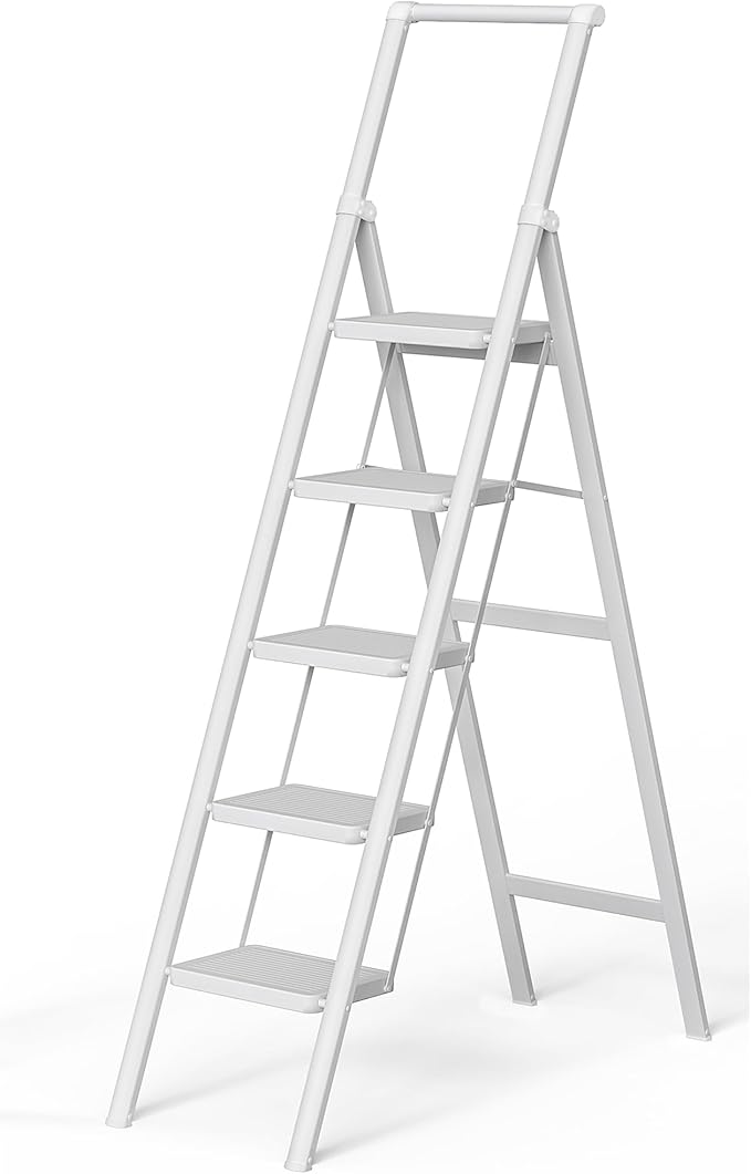 5 Step Ladder, Folding Step Stool, White Foldable Iron Ladder for 10 Foot High Ceiling with Anti-Slip Wide Sturdy Pedal and Handgrip, Multi-Use for Home (300 lbs Capacity)