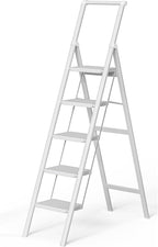 5 Step Ladder, Folding Step Stool, White Foldable Iron Ladder for 10 Foot High Ceiling with Anti-Slip Wide Sturdy Pedal and Handgrip, Multi-Use for Home (300 lbs Capacity)
