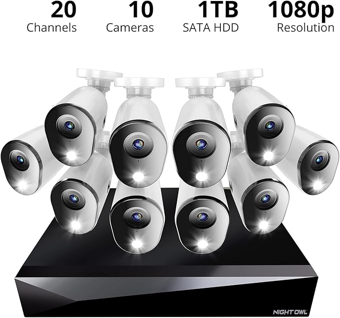Night Owl 2-Way Audio 20 Channel DVR Video Home Security Camera System with (10) Wired 1080p HD Indoor/Outdoor Deterrence Cameras and 1TB Hard Drive (Add up to 4 Wi-Fi Cameras) (10 Camera)