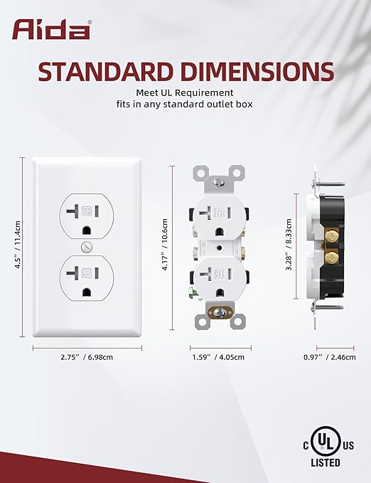 AIDA 20 Amps Outlets Duplex Electrical Receptacle Outlets,Tamper Resistant,Heavy-Duty Receptacle Wall Outlet,Residential,TR,3-Wire, Self-Grounding Clip, NEMA 5-20R,UL Listed (10 Pack, White)
