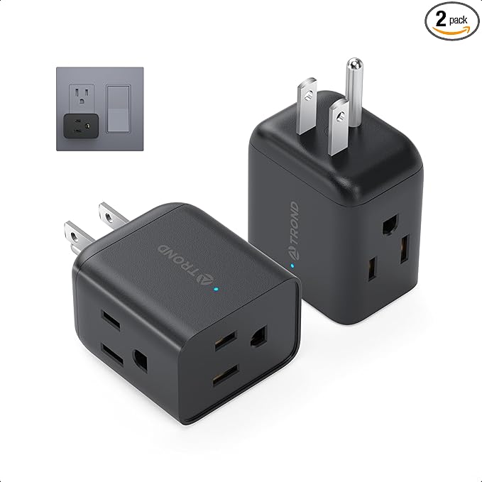 TROND Multi Plug Outlet Extender 2 Pack - Horizontal Electrical Wall Outlet Splitter, 3 Way Plug Extension Outlet Adapter, Multiple Plug Extender for Home Office Cruise Ship Essentials, Black