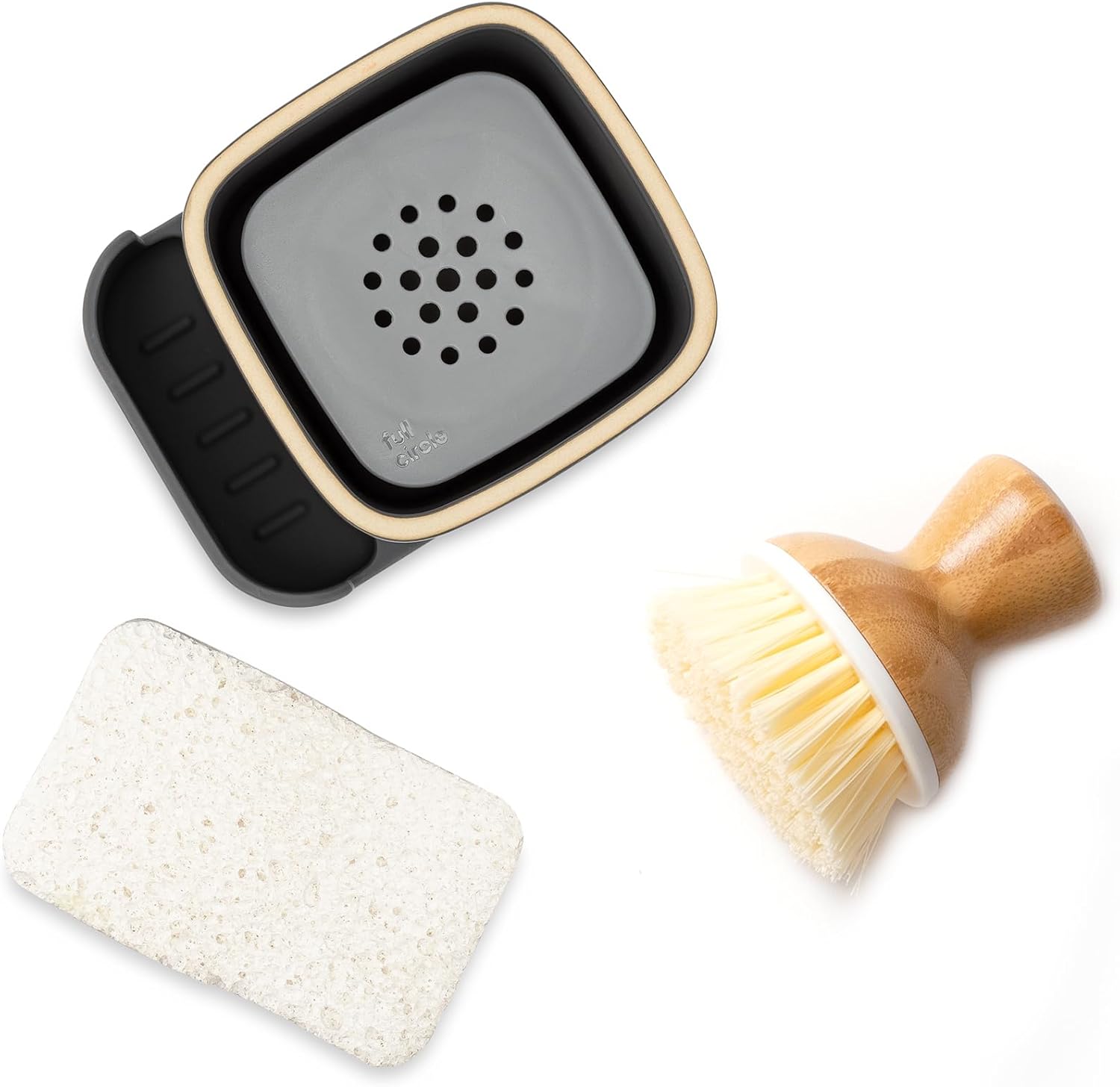 Full Circle Bubble Up Combo—Family Safe, Formaldehyde-Free-Gray Ceramic Soap Dish with Plant-Based Sponge & Bamboo Dish Brush-Versatile Kitchen Scrub Brush Set for Pots, Pans,Counter & Sink,Gray