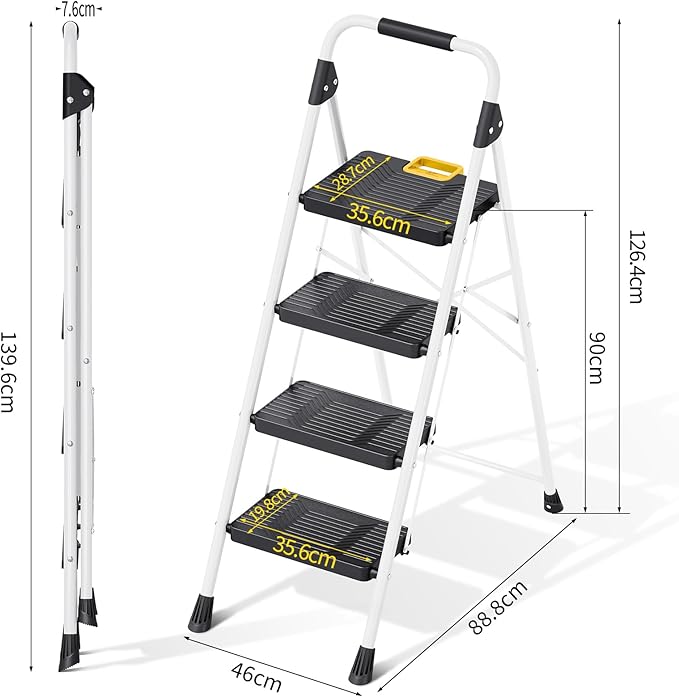 KINGRACK 4 Step Folding Ladder, 800lbs Capacity Step Stool with Safety Lock, Non-Skid Wide Pedals, and Handrail, Lightweight, Household Ladder for Home, Kitchen, Pantry, Closets, and Office Use, White