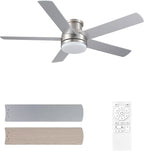 52 Inch Nickel Ceiling Fan With Light Flush Mount Dimmable 3 Color Temperatures LED Remote Control 6 Speed Reversible DC Motor 5 Blades Modern Ceiling Fan Design for Indoor or Covered Outdoor