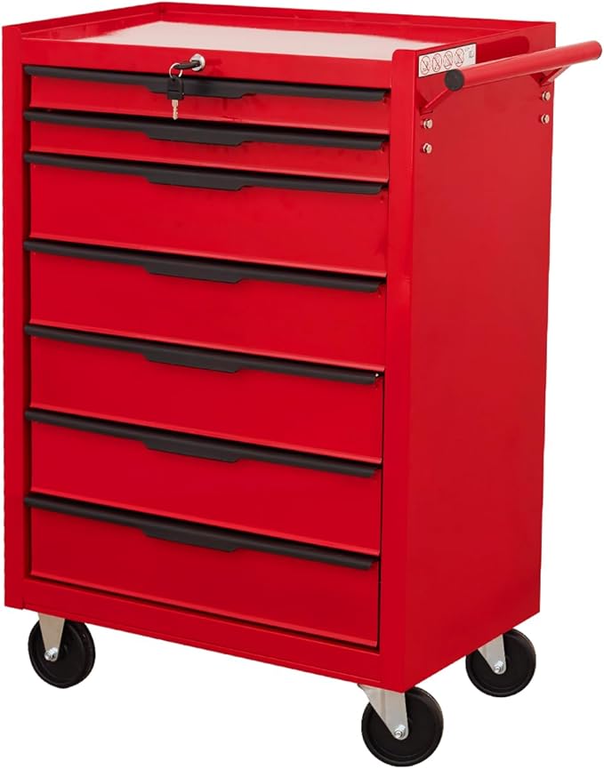 7-Drawer Rolling Tool Chest w/Drawers & Lock, Tool Storage Cabinet with Lockable Wheels, Top Cushion & Drawer Liners, Tool Organizer Box for Garage, Warehouse & Repair Sho
