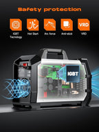 225 Amp Stick Welder with Large LCD Display, Digital IGBT Inverter, 110V/220V Portable Stick Welding Machine. Features include Dual Voltage, Hot Start, Arc Force, Anti-Stick, and VRD Protection