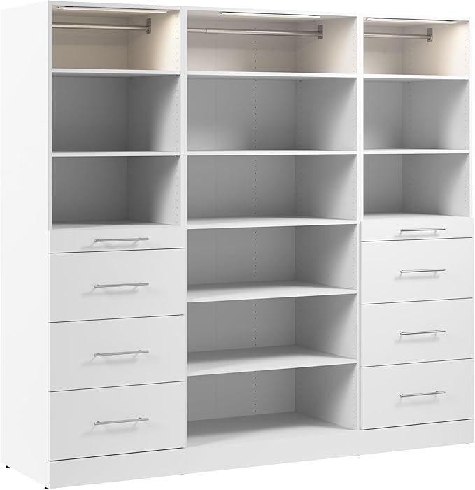 Bestar 85W x 25D Modular Closet Organizer System, Reach-in Closet or Walk-in with LED Lights, Shelves, and Drawers, Slab Style, Florence Collection, White