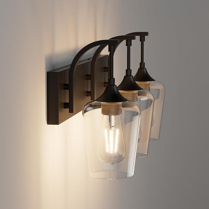 Ralbay Matte Black Vanity Light Fixtures 3-Lights Industrial Black Bathroom Vanity Light with Clear Glass Vintage Edison Bathroom Wall Lighting Fixtures