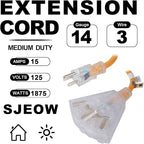 EP 50 Ft 14/3 SJEOW Heavy Duty Outdoor Extension Cord, Yellow 3-Outlet Power Cable with LED Lighted Plug, Water-Resistant for Indoor/Outdoor Use, Lawn, Garden, Appliances & Tools