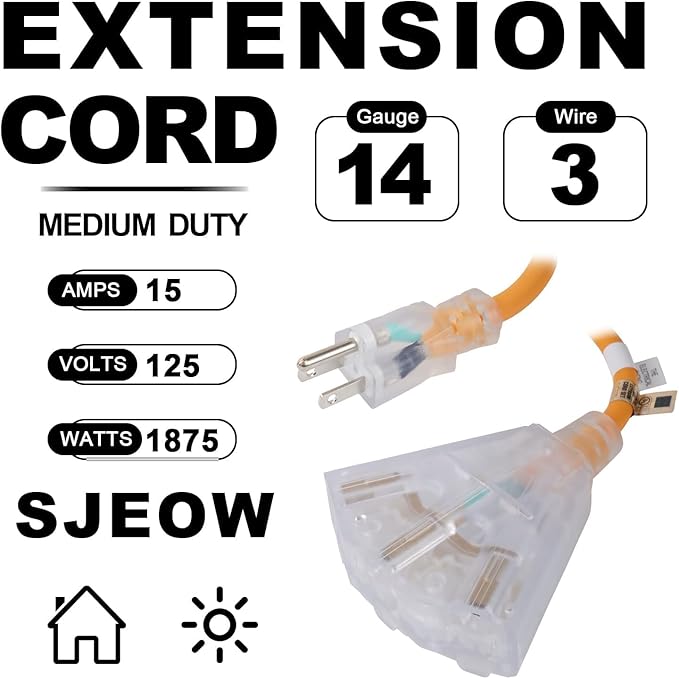EP 15 Ft 14/3 SJEOW Heavy Duty Outdoor Extension Cord, Yellow 3-Outlet Power Cable with LED Lighted Plug, Water-Resistant for Indoor/Outdoor Use, Lawn, Garden, Appliances & Tools