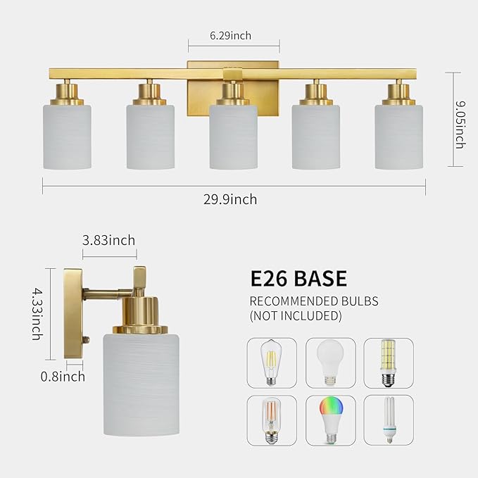 Gold Bathroom Light Fixtures, 5-Light Modern Brushed Gold Vanity Lighting Fixtures for Bathroom Over Mirror, 30" Gold Sconces Wall Lighting for Bedroom Hallway Living Room