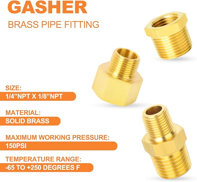 GASHER 30PCS Brass Pipe Fitting, Hex Bushing, Reducer Adapter, Reducing Hex Nipple 1/4 Inch NPT x 1/8 Inch NPT
