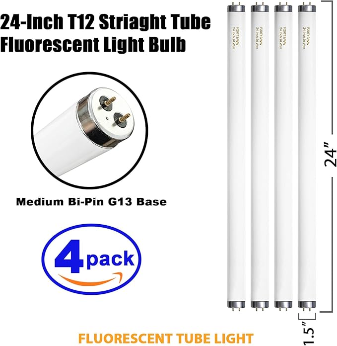 F20T12/WW 20 Watt Soft Warm White, T12 Fluorescent Tube Light Bulb 20W 24 Inch, 2Ft F20T12/DSW/RP Replacement for F20T12 F20T12KB/ECO/RVL F20T12KB/ECO F20T12/SPX30 1250Lm G13 4 Count