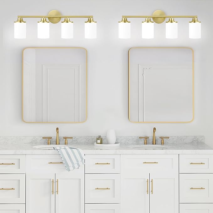 Modern 4-Light Vanity Light Fixtures with Frosted Glass, Brushed Gold Bathroom Sconces Over Mirror
