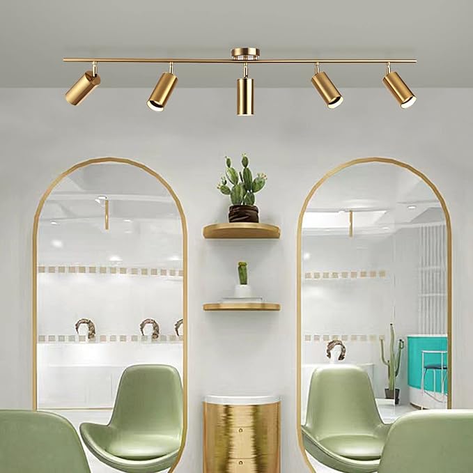 KCO Lighting Modern 5-Lights LED Track Lighting Kit Brushed Brass Kitchen Ceiling Spotlights Light Fixture Mid Century Gold Adjustable Flush Mount Ceiling Spot Light (5 Lights)