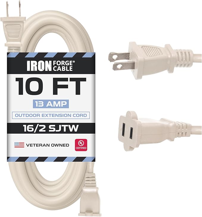 Iron Forge Cable 2 Prong Extension Cord 10 ft - 16 Gauge 13 Amp Heavy Duty Outdoor 2 Prong Power Cord - SJTW - Great for Landscaping, Deck, Outdoor Lights - Tan