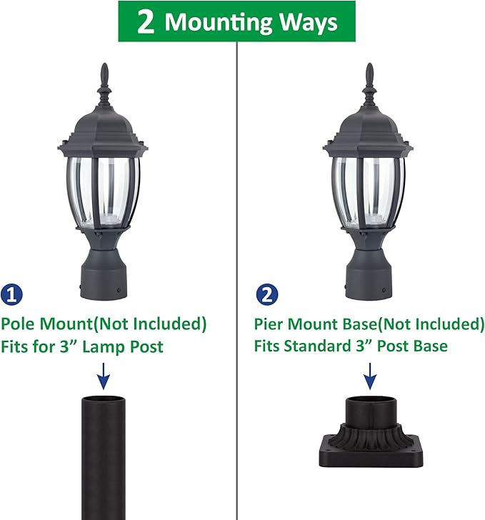 LIT-PaTH LED Outdoor Post Lighting Fixture, Pole Lantern, 9.5W 800 Lumens, 5000K Daylight White, Aluminum Housing Plus Glass, Matte Black Finish, 1-Pack