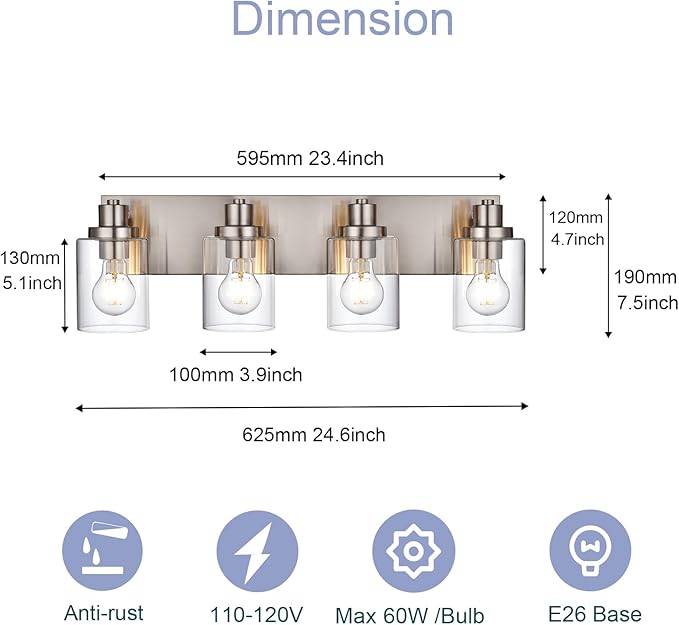 4 Light Vanity Light Brushed Nickel Bathroom Lighting Fixtures Over Mirror, Modern Bathroom Light with Clear Glass Shade, Farmhouse Vanity Lights