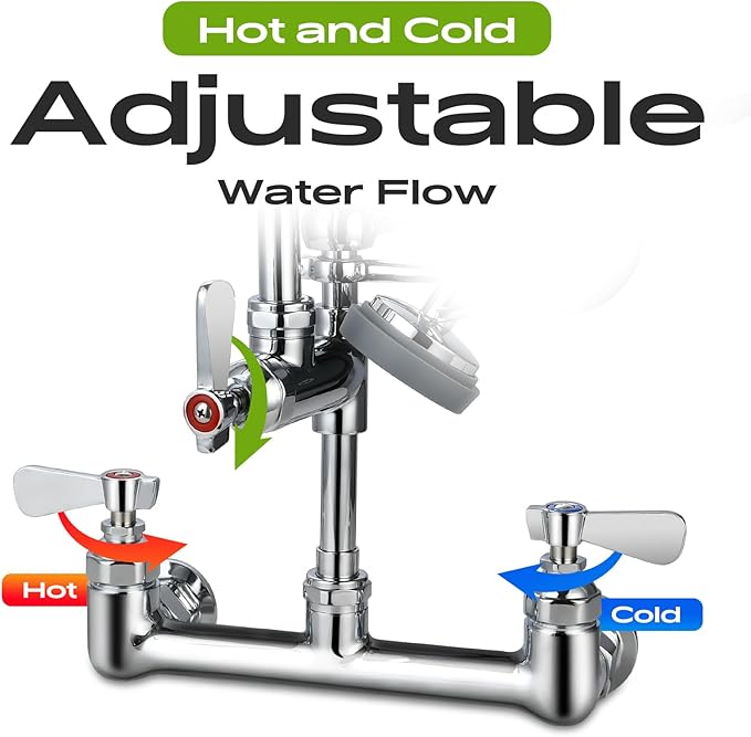 Commercial Sink Faucet with Sprayer 21" Height, 8 Inch Center Wall Mount Kitchen Sink Faucet with Down Pre-Rinse Sprayer and 8" Add-on Swing Spout