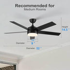 52 inch Black Ceiling Fans with Lights and Remote Control, Noiseless Modern Ceiling Fan for Bedroom, Living Room, Dining Room, Dimmable 3CCT 6-Speed ETL Listed