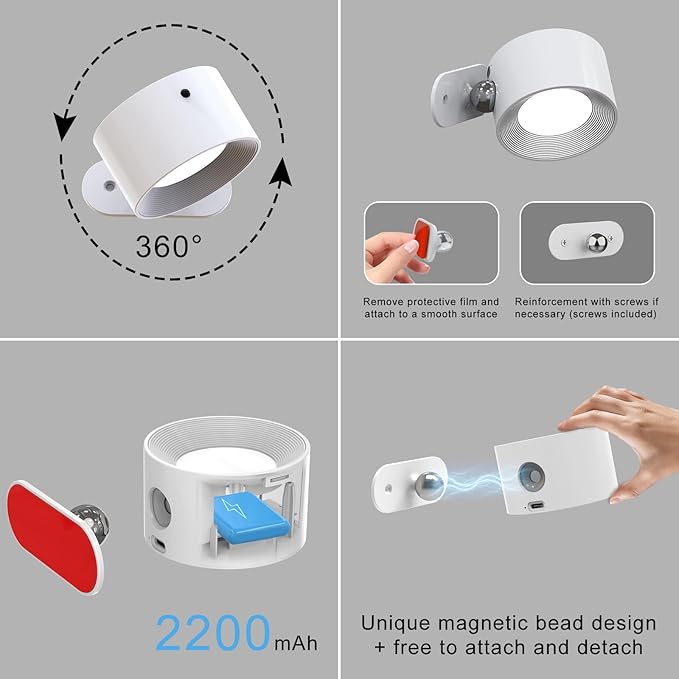 Koopala 3PACK Rechargeable LED Wall Sconce, Cordless Battery with Remote, Powered Wall Sconce, 3 Brightness Levels, 360° Swivel Magnetic Shade for Bedrooms, Hallways, Den and Reading Spaces（White）
