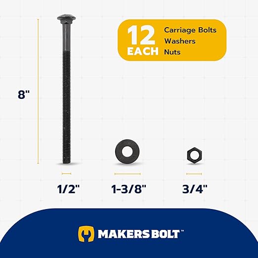 1/2 in. x 8 in. Black Carriage Bolt Kit Includes 12 Bolts, 12 Washers, and 12 Nuts, Ceramic Black Ruspert Coated for Exterior Use - 2X Rust Resistance of Galvanized by Makers Bolt