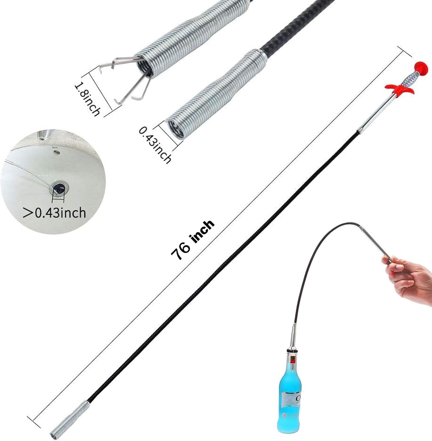 Upgraded Drain Snake, 76 inch Hair Drain Clog Remover Tool ， Sink Snake Drain Clog Remover for Sewer Kitchen Bathroom