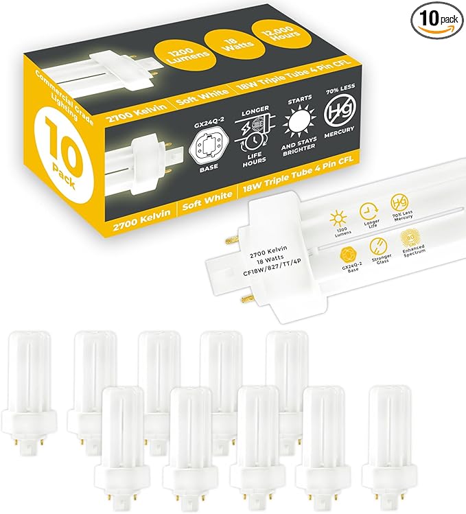 GoodBulb 18 Watt CFL Light Bulbs 4 Pin GX24Q-2 Base 2700K Soft White 18W High Output 1200 Lumens Triple Tube Compact Fluorescent Light Bulbs Plug-in 10 Pack