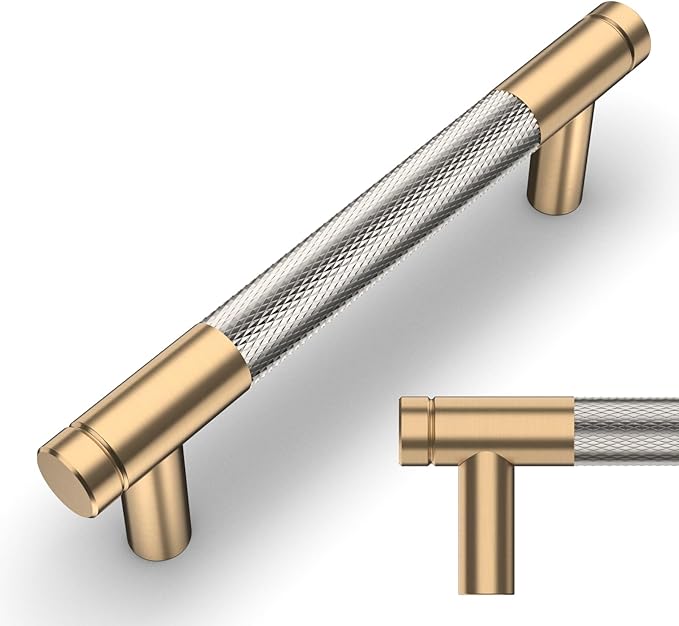 Amerdeco 10 Pack Champagne Bronze and Brushed Nickel Knurled Cabinet Pulls 3.75 Inch Hole Center to Hole Center Kitchen Cabinet Handles for Drawer Dresser, Cupboard and Wardrobe ZH0040