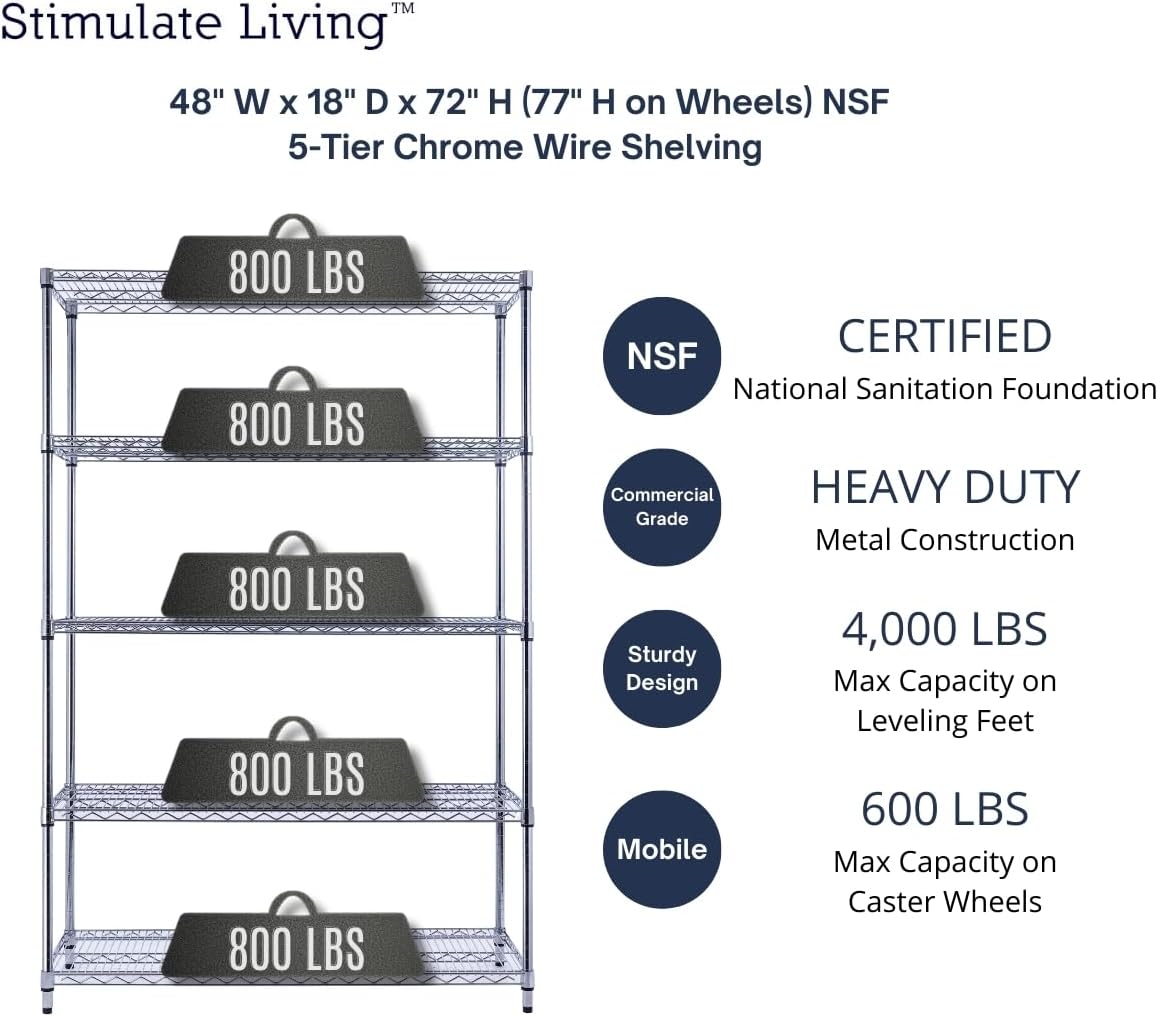 48"x18"x72" PRIME HEAVY DUTY Chrome 5-Tier Wire Shelving NSF 4000 LBS MAX Capacity Storage Rack for Commercial, School, Home, Garage, Warehouse, Industrial, and Hospital Uses (with Wheels)
